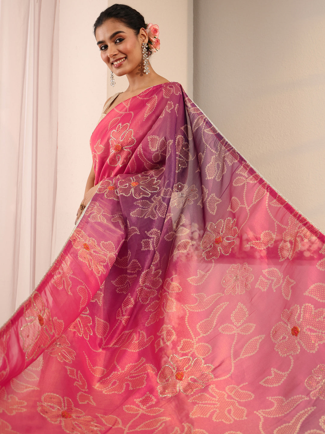 Pink Bandhani Printed Ombre Tissue Saree With Unstitched Blouse Piece