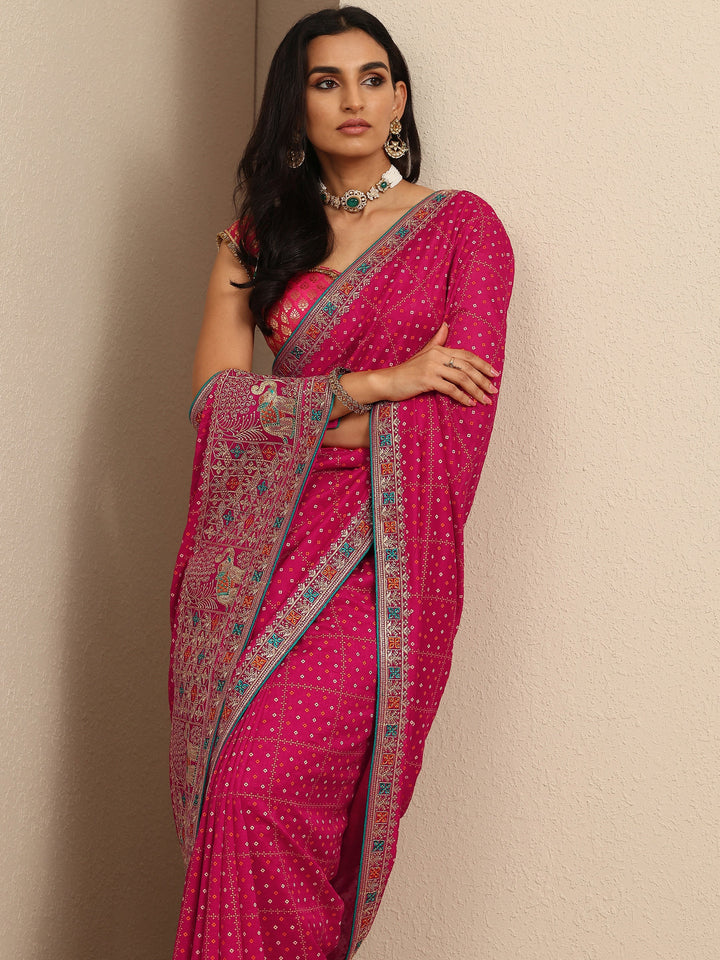 Pink Bandhani Printed Silk Blend Saree With Unstitched Blouse Piece