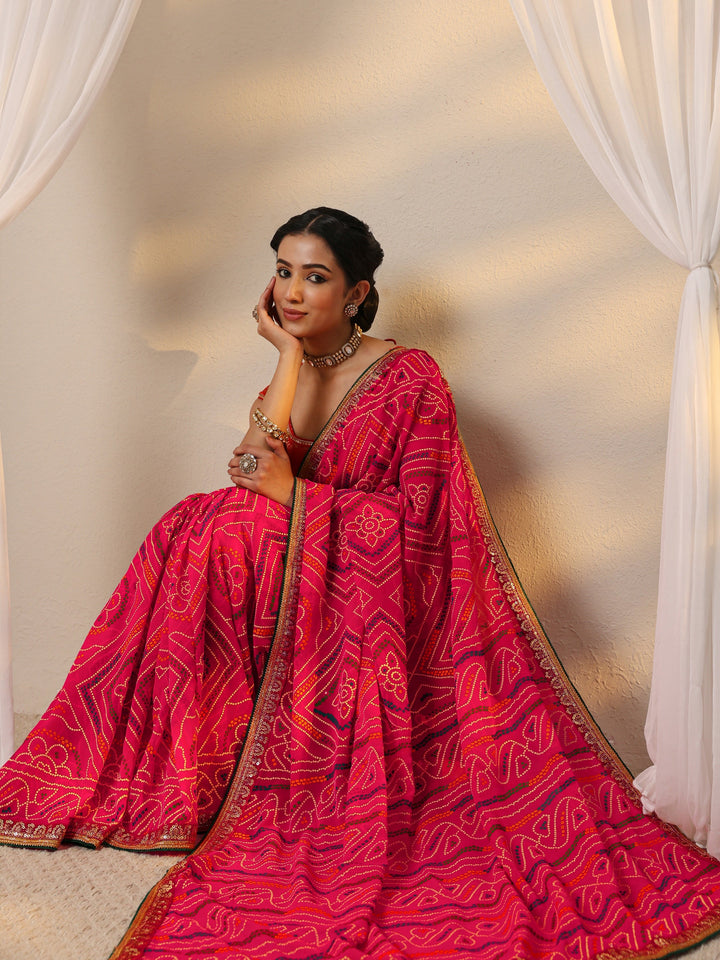 Pink Bandhani Printed Silk Blend Saree With Unstitched Blouse Piece