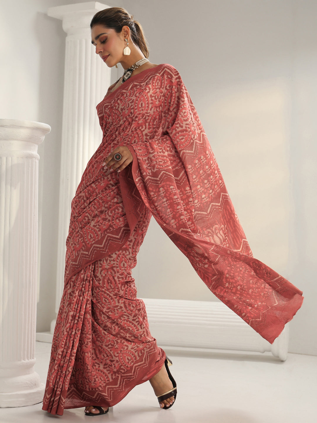Pink Batik Print Cotton Saree