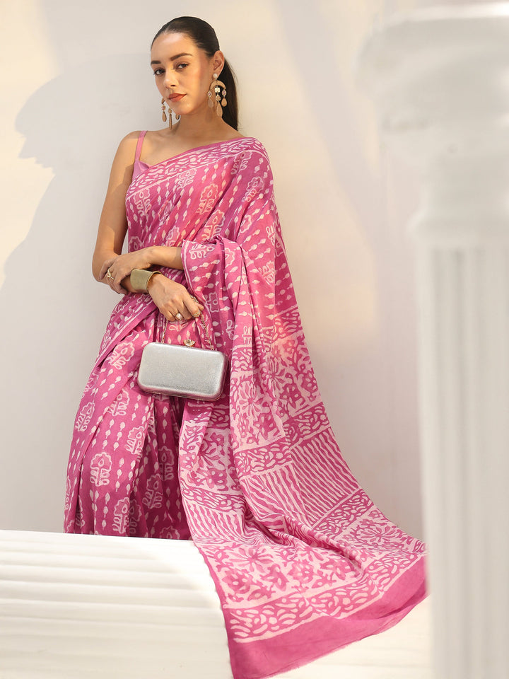 Pink Batik Printed Cotton Saree