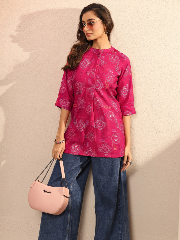 Pink Block Printed Silk Blend Straight Short Kurti