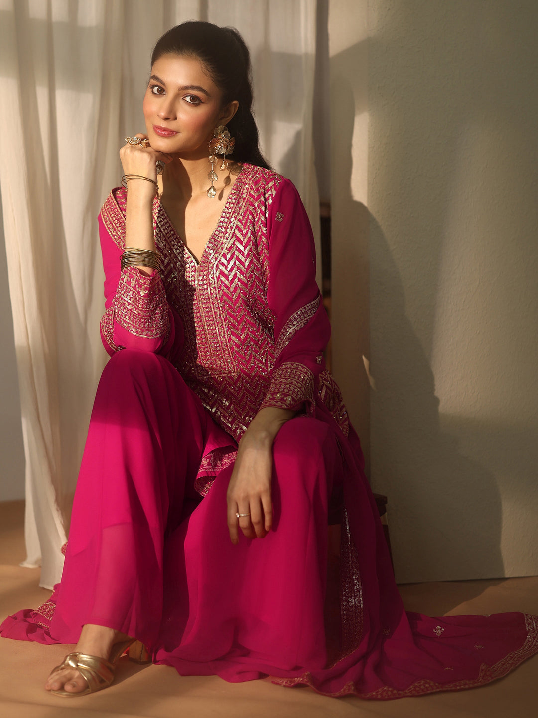 Pink Chevron Embroidered Georgette Straight Suit Set With Dupatta
