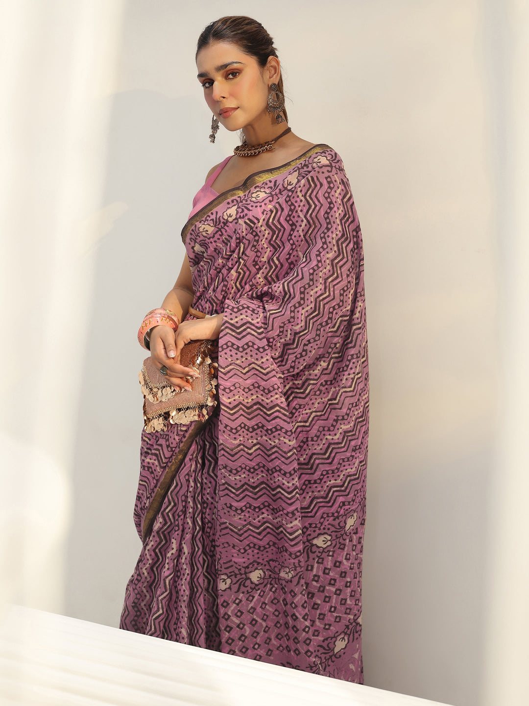 Pink Chevron Printed Cotton Saree