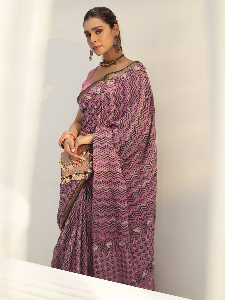 Pink Chevron Printed Cotton Saree