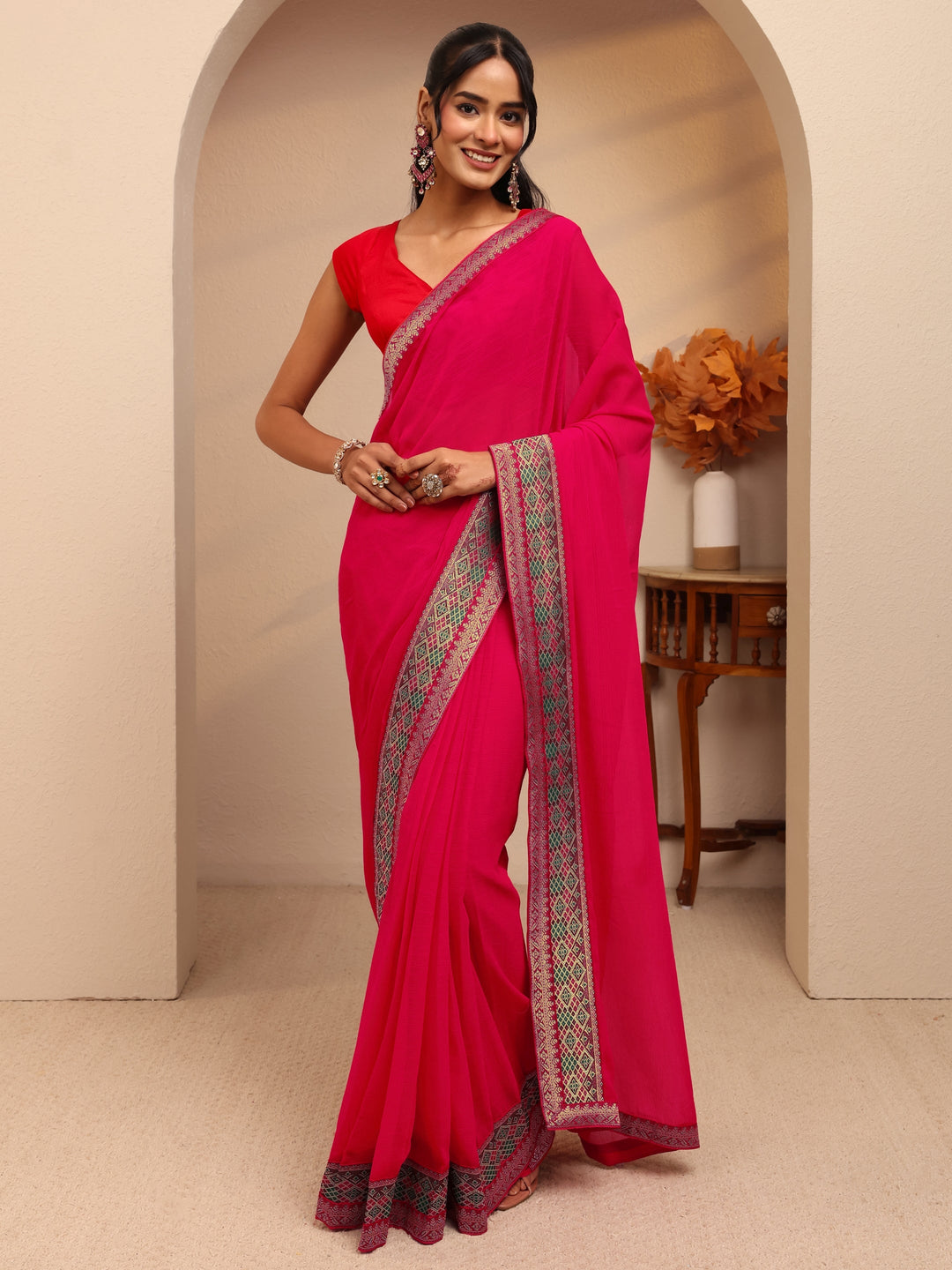 Pink Chiffon Pre-Draped Saree