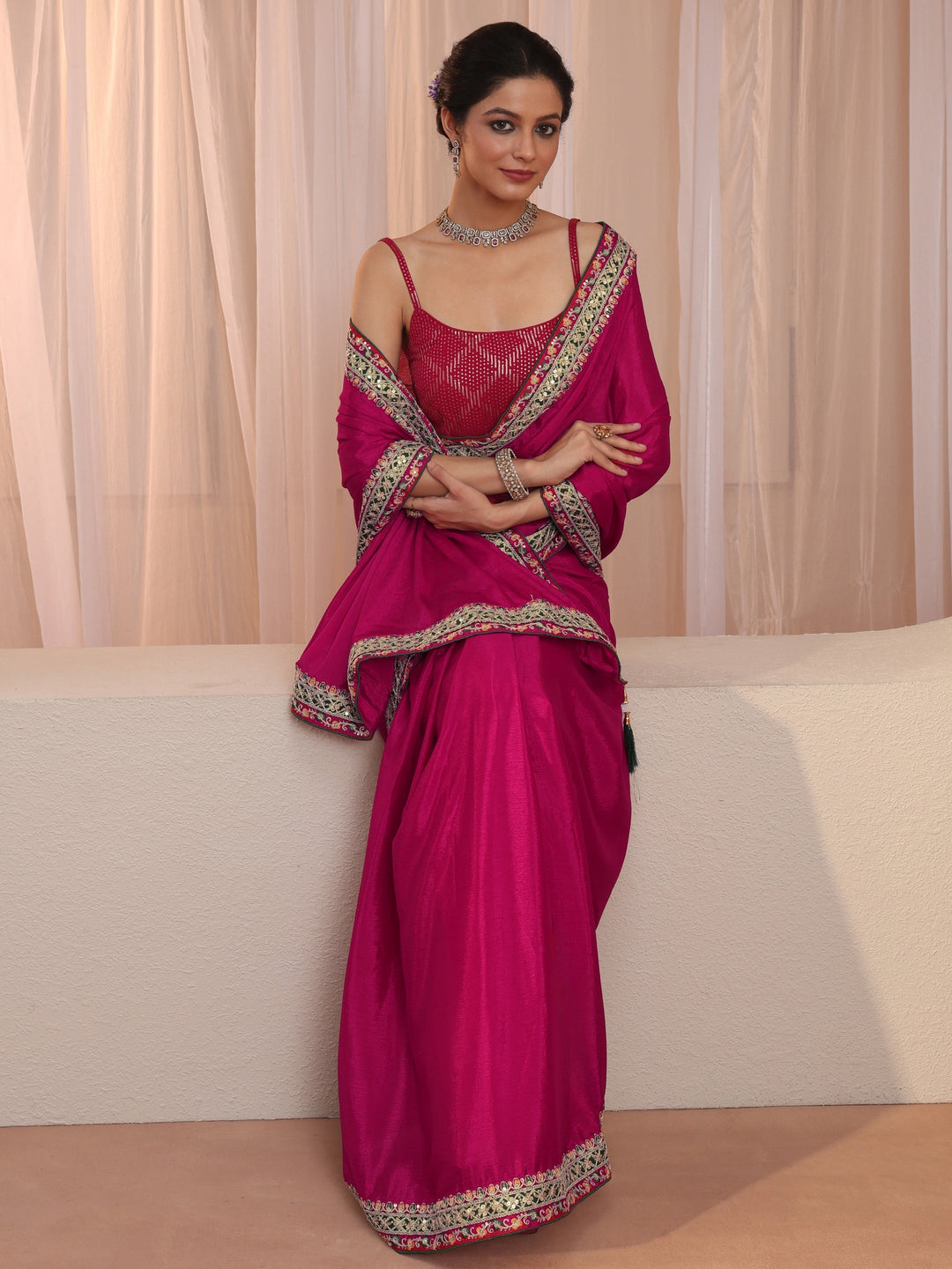 Pink Chiffon Saree With Embroidered Border
