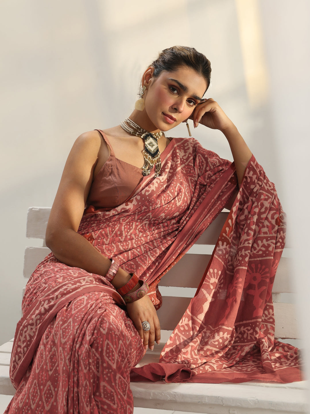 Pink Dabu Print Cotton Saree