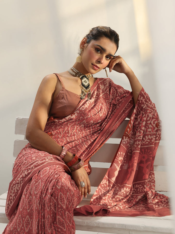Pink Dabu Print Cotton Saree