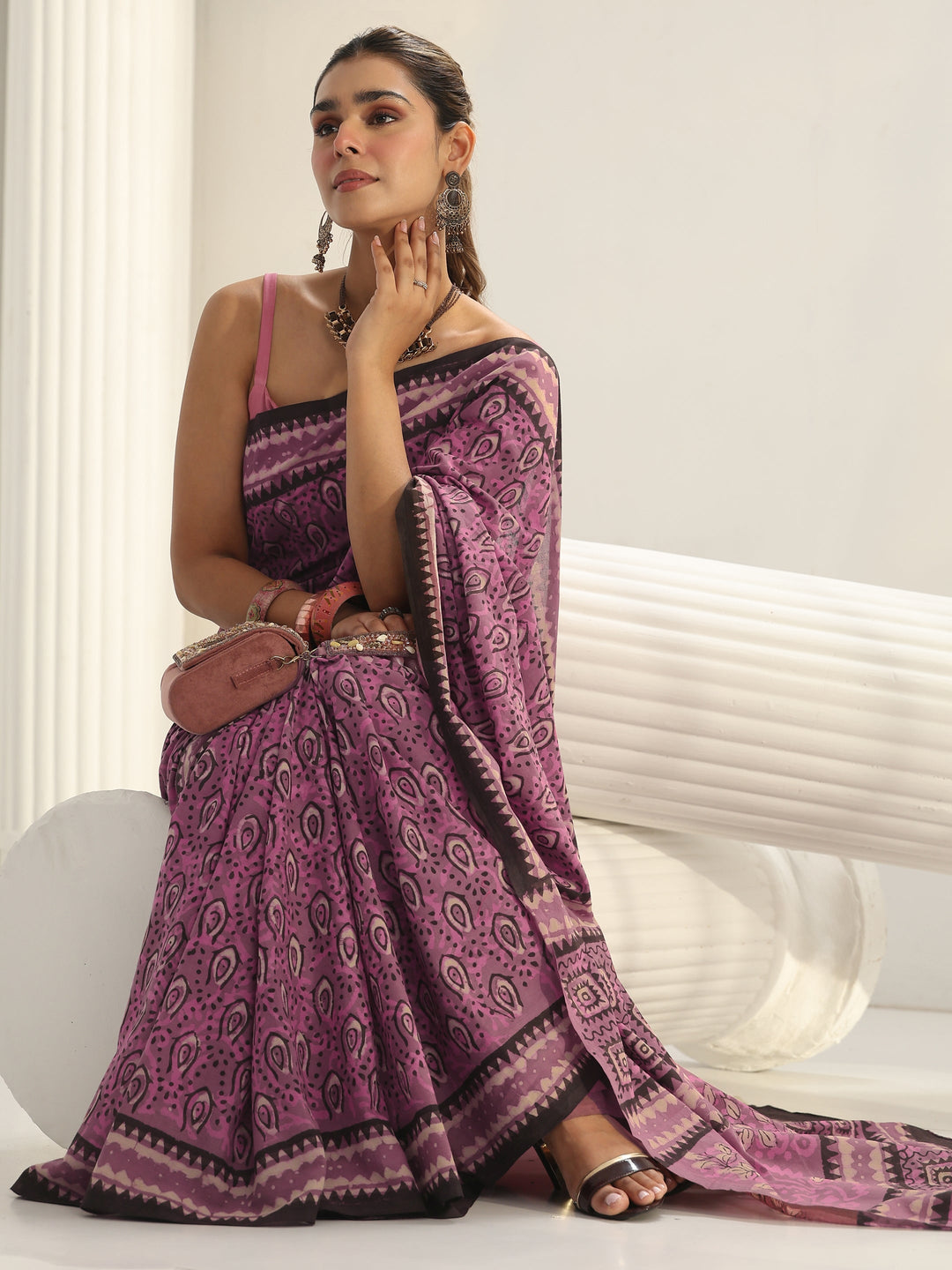 Pink Dabu Print Cotton Saree
