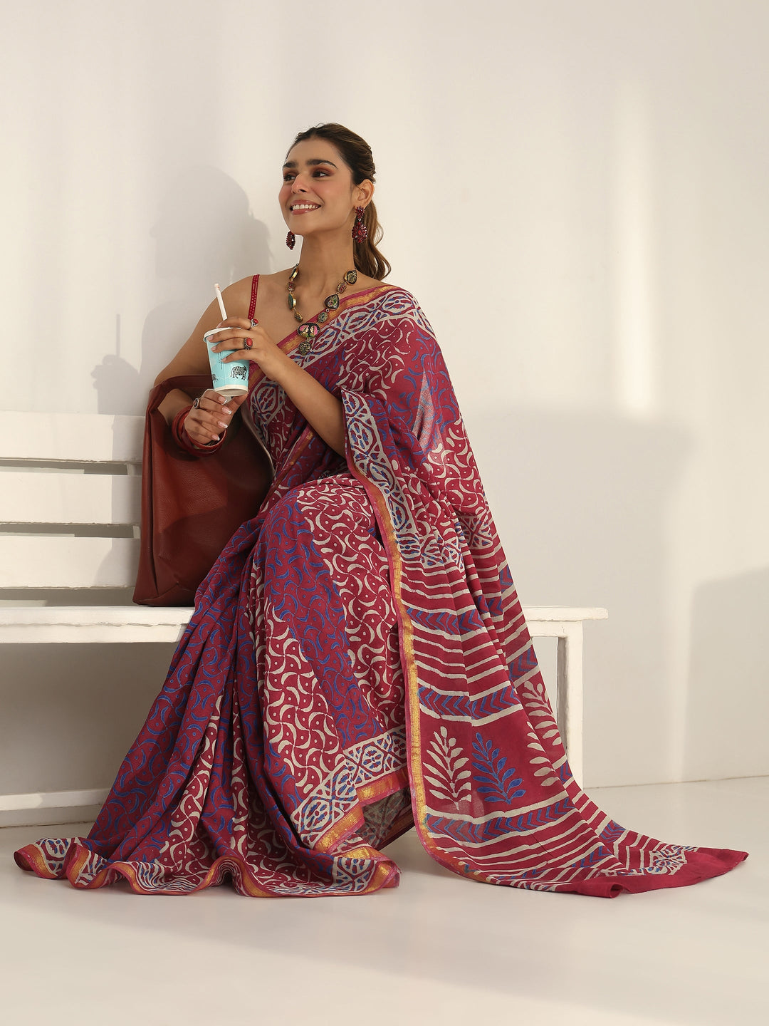 Pink Dabu Print Cotton Saree