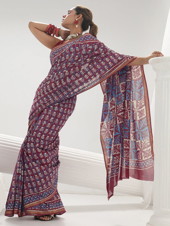 Pink Dabu Print Cotton Saree