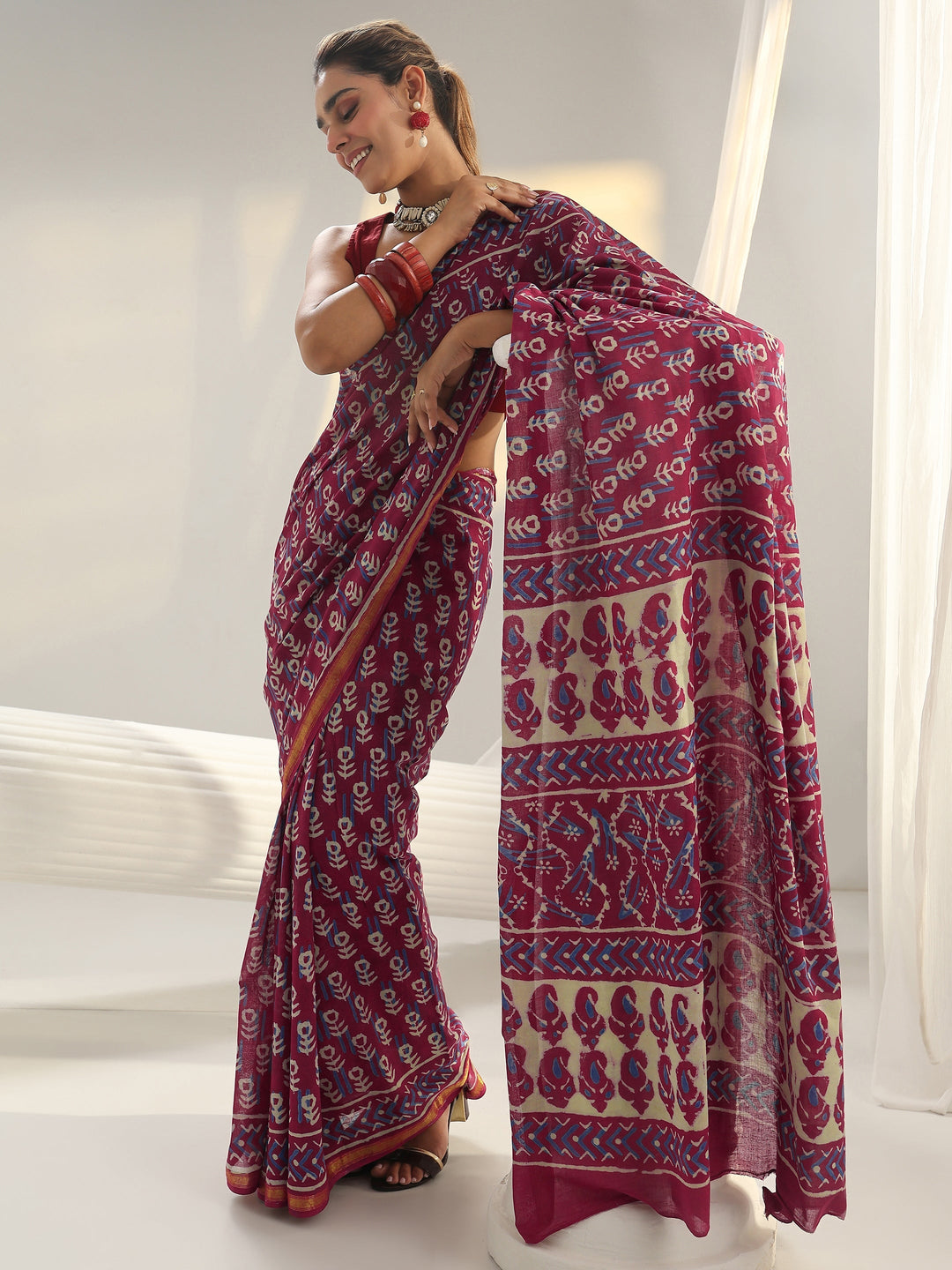 Pink Dabu Print Cotton Saree