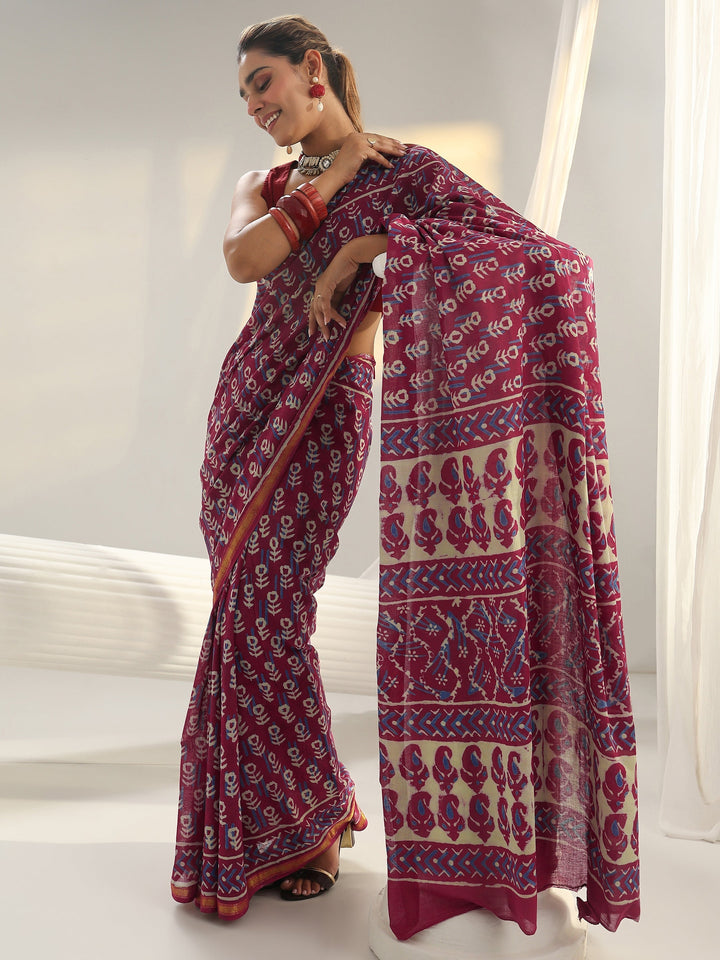 Pink Dabu Print Cotton Saree