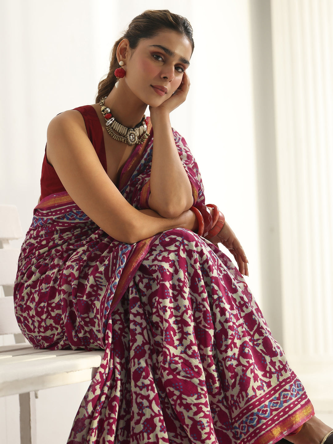 Pink Dabu Print Cotton Saree