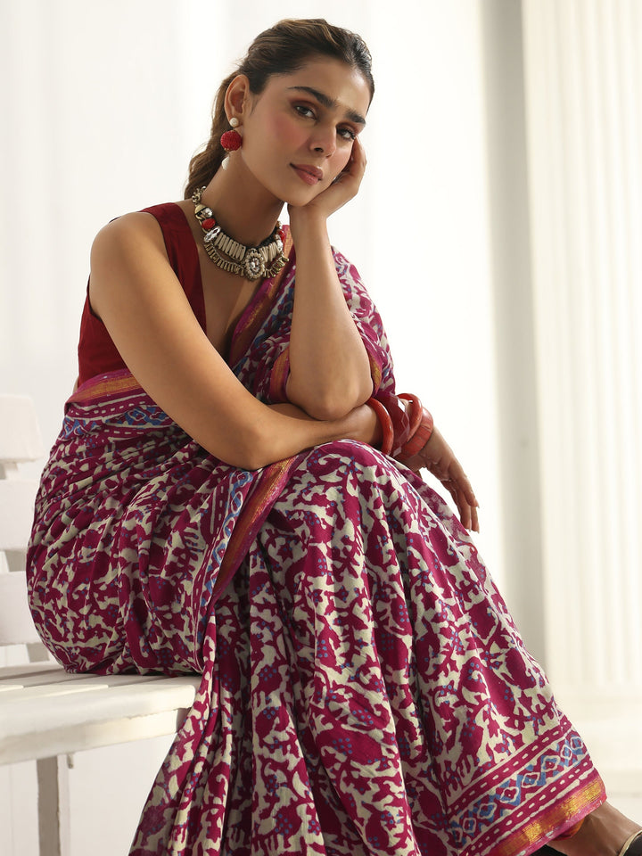 Pink Dabu Print Cotton Saree