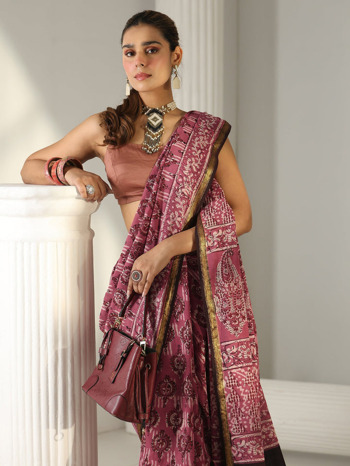 Pink Dabu Print Cotton Saree