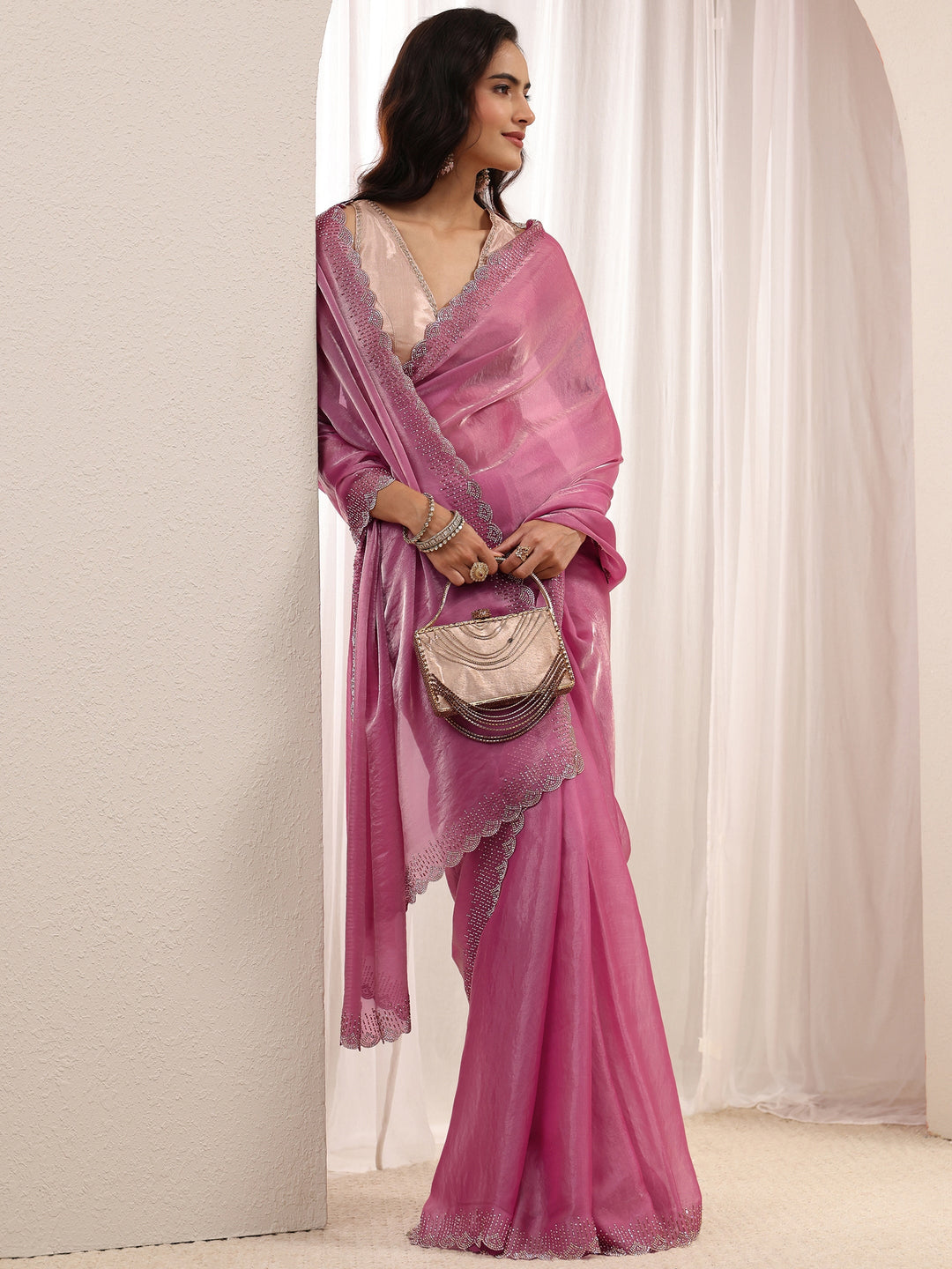 Pink Embellished Border Tissue Saree With Unstitched Blouse Piece