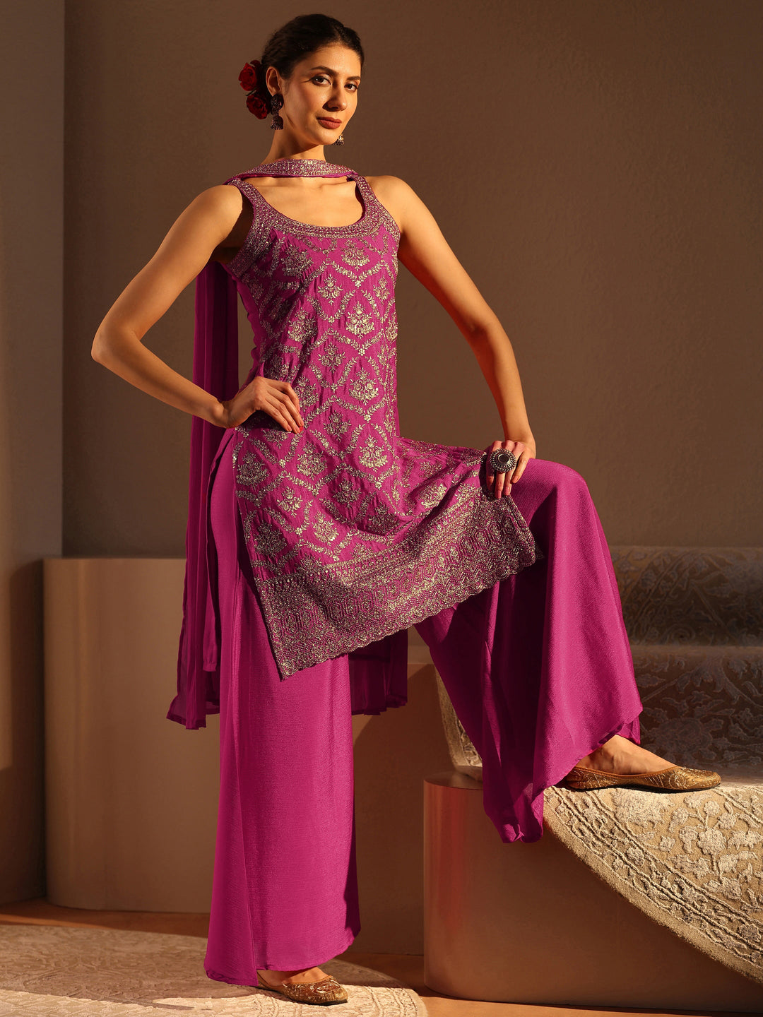 Pink Embellished Chinon Palazzo Suit Set With Dupatta