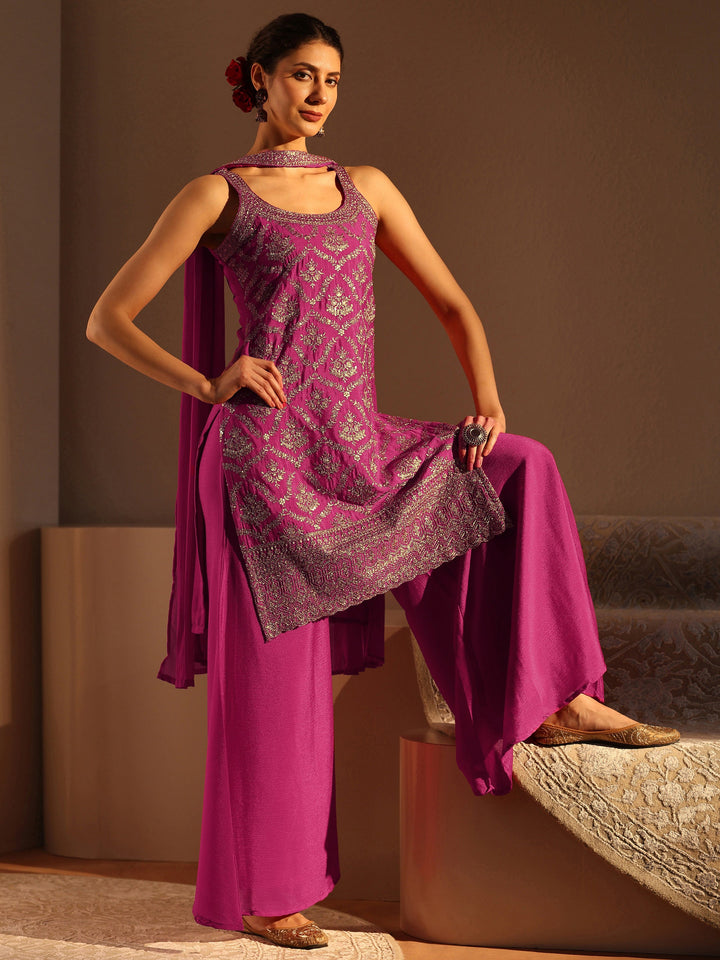 Pink Embellished Chinon Palazzo Suit Set With Dupatta