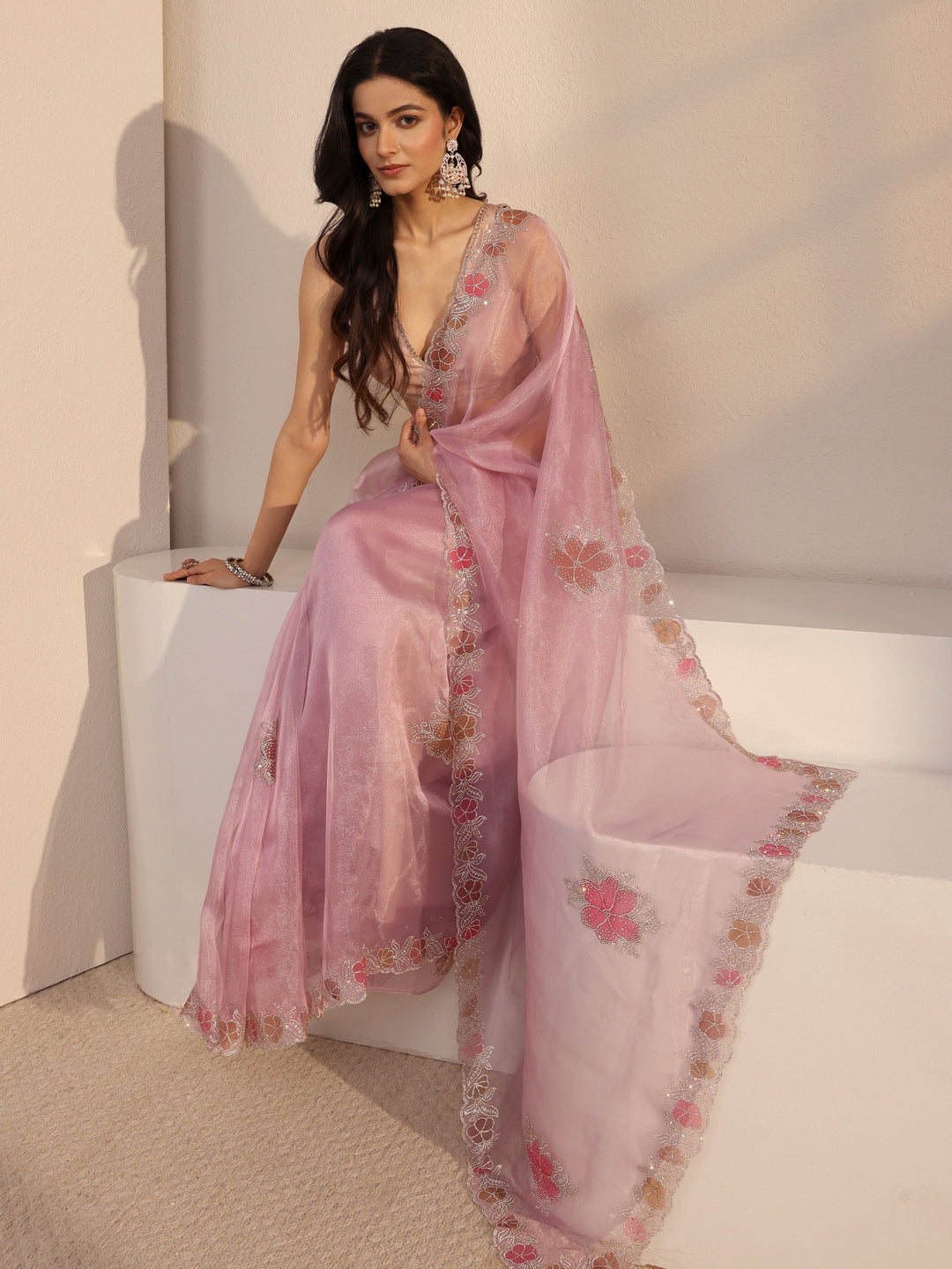 Libas Pink Embellished Organza Saree With Unstiched Blouse Piece