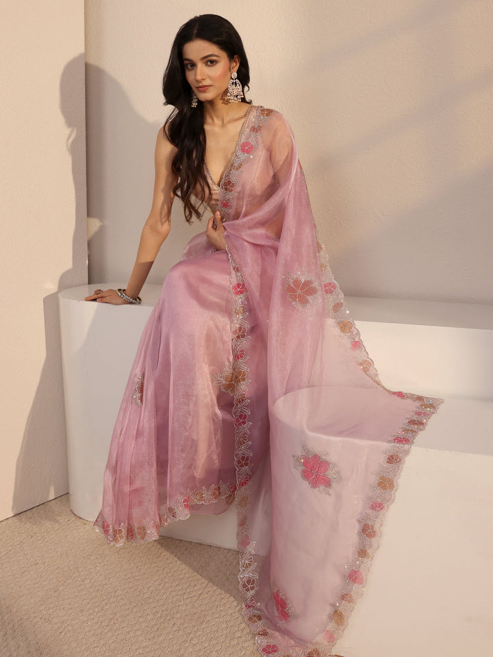 Libas Pink Embellished Organza Saree With Unstiched Blouse Piece