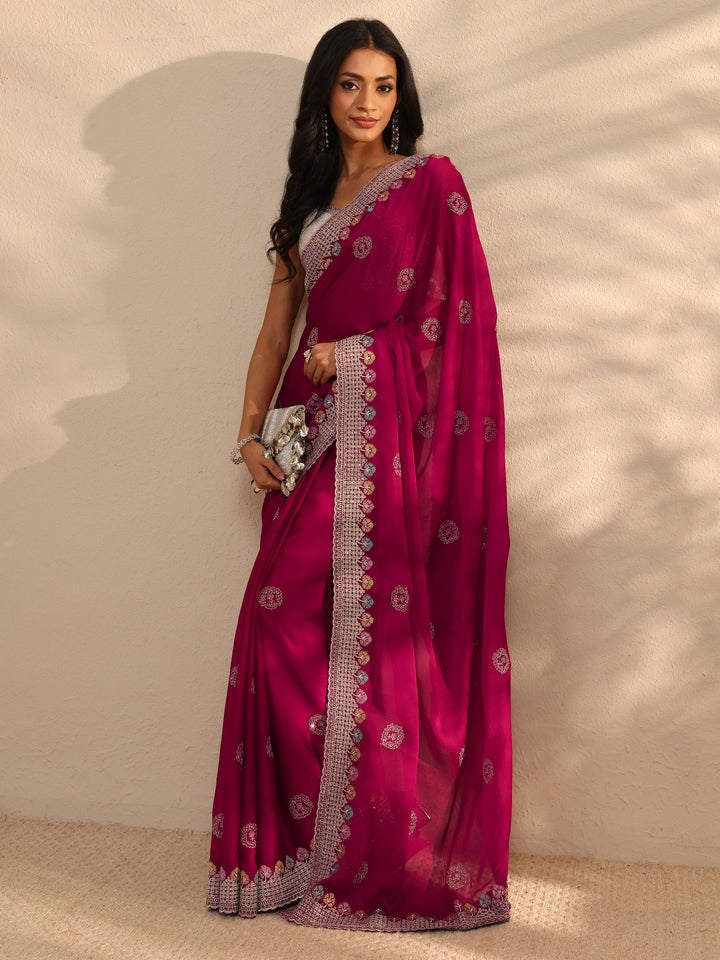 Pink Embellished Satin Saree With Unstitched Blouse Piece