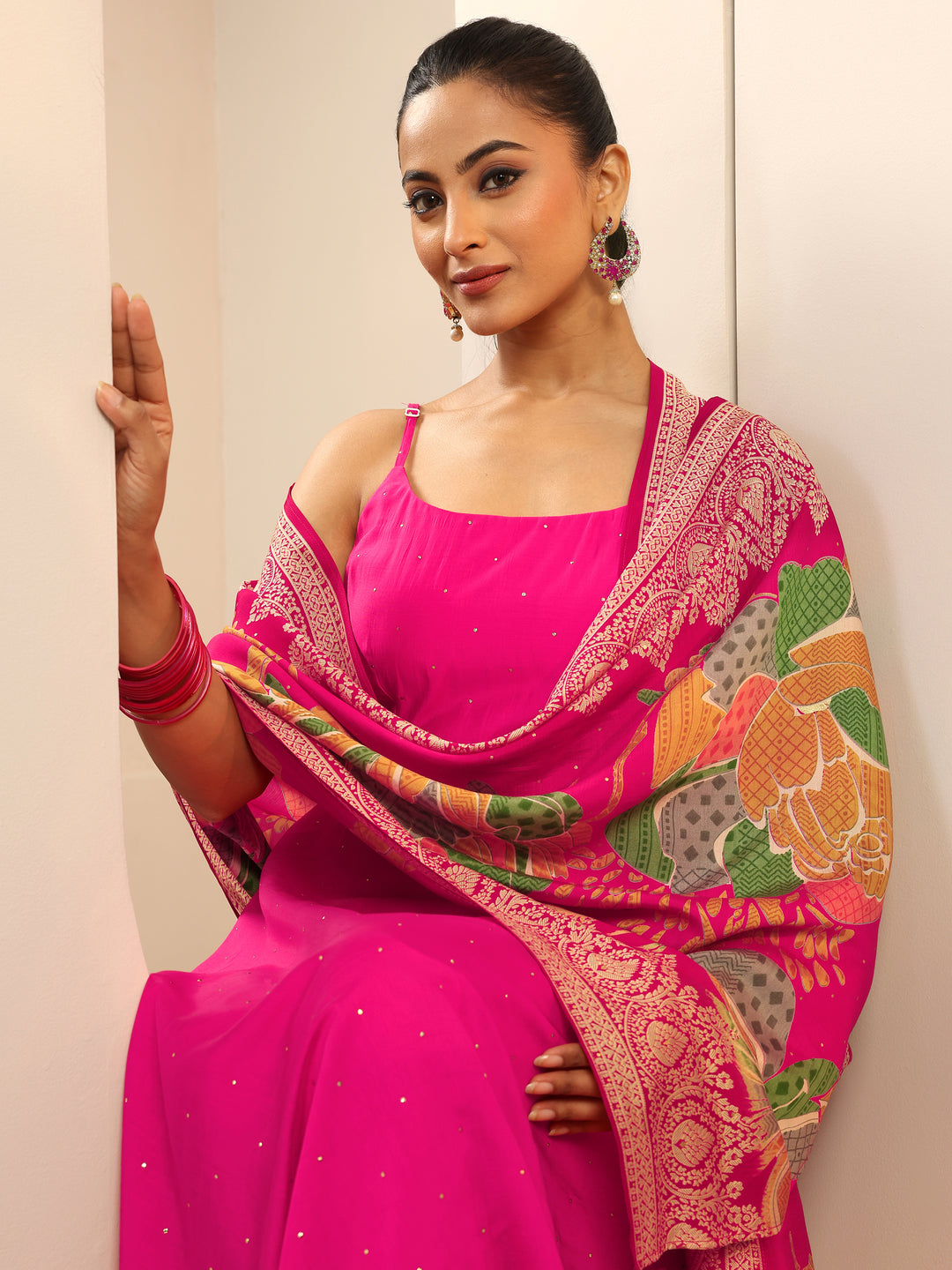 Pink Embellished Silk Blend Anarkali Suit Set With Dupatta