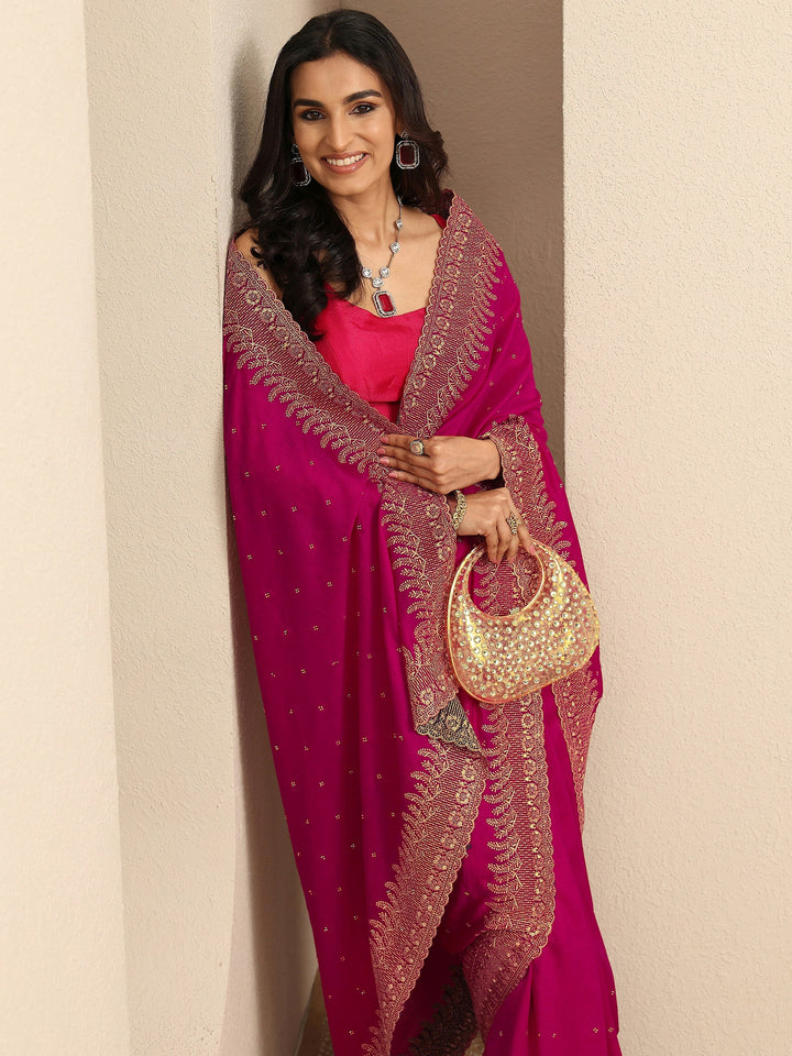 Pink Embellished Silk Blend Saree With Unstitched Blouse Piece