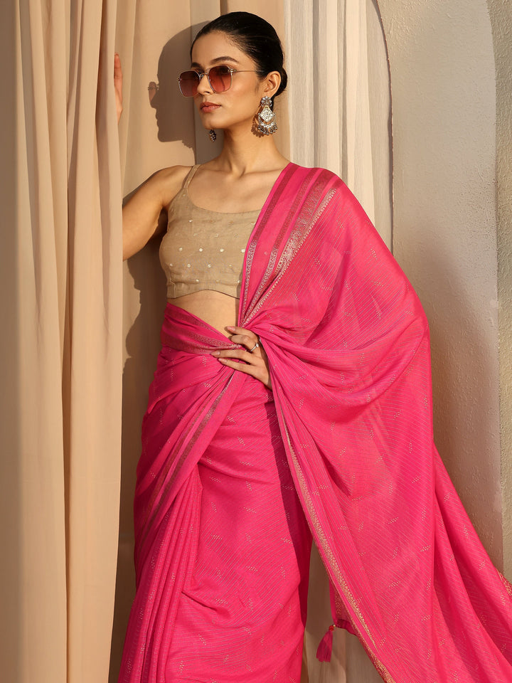 Pink Embellished Silk Blend Saree With Unstitched Blouse Piece