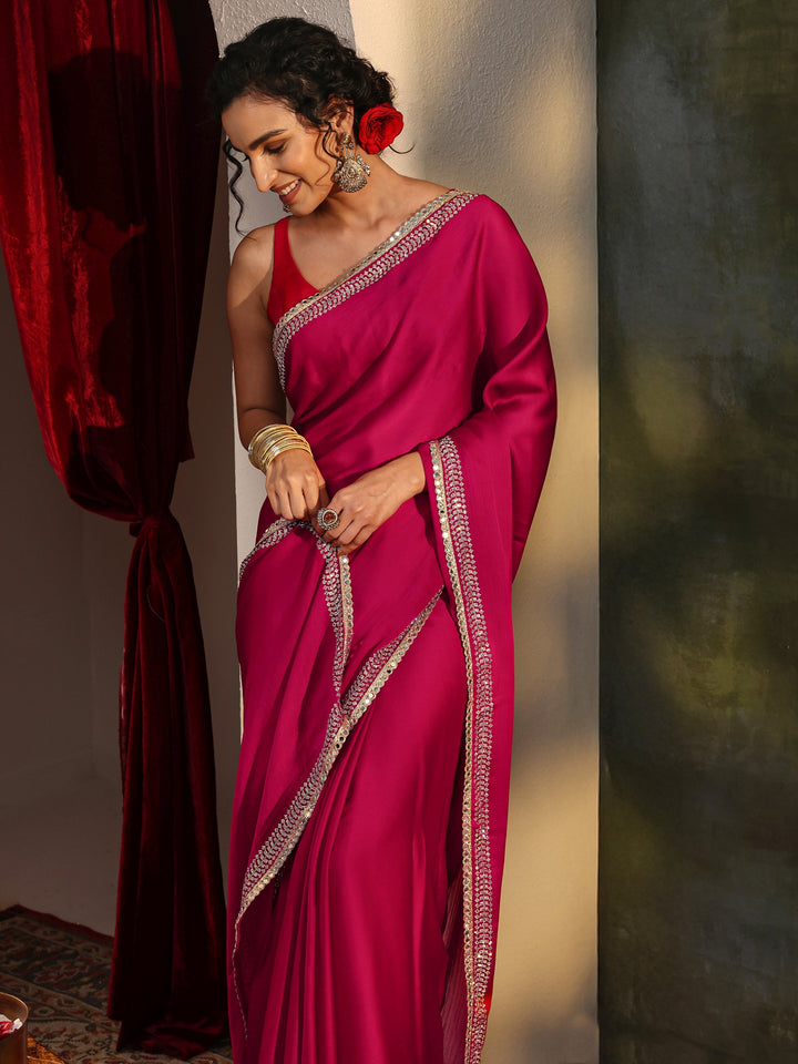 Pink Embellished Silk Blend Saree With Unstitched Blouse Piece