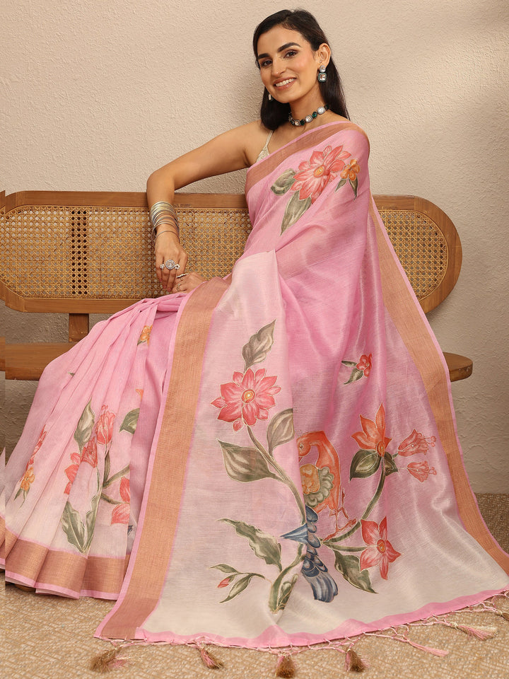 Pink  Embellished Silk Blend Saree With Unstitched Blouse Piece