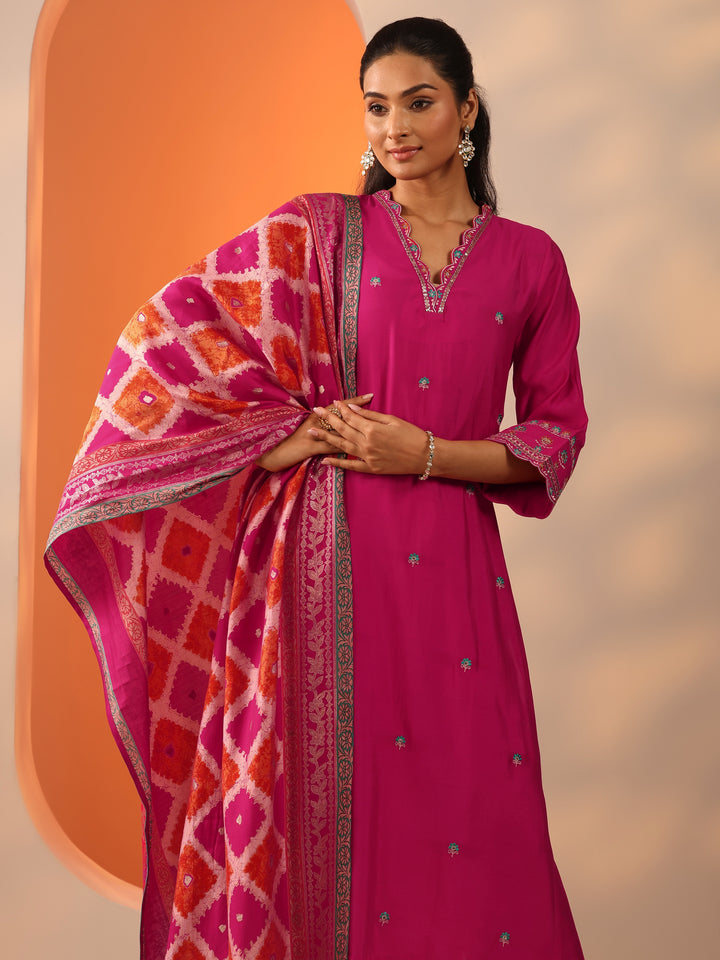 Pink Embellished Silk Blend Straight Suit Set With Dupatta