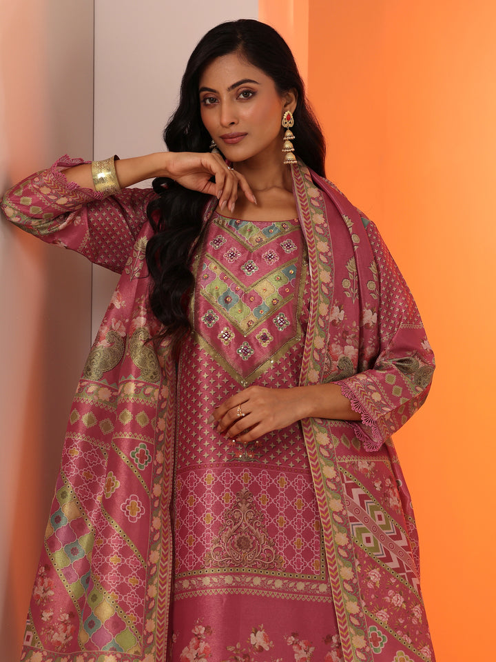 Pink Embellished Silk Blend Straight Suit Set With Dupatta