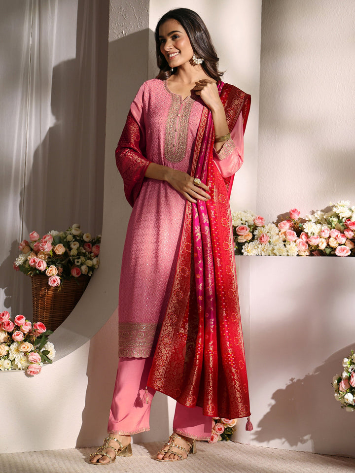 Pink Embellished Silk Blend Straight Suit Set With Dupatta