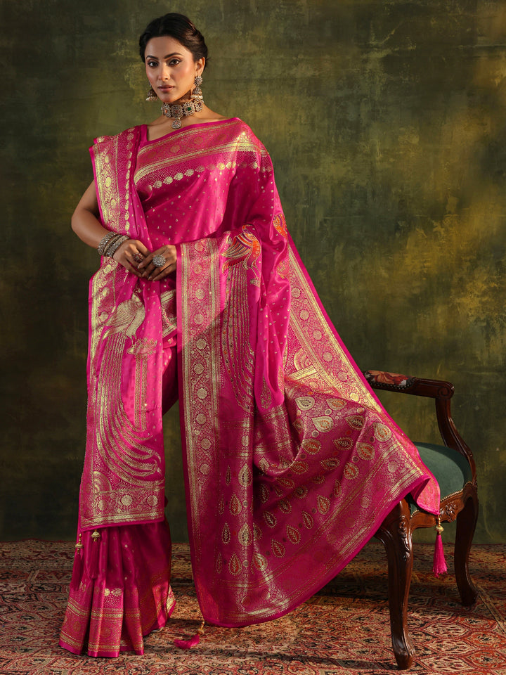 Pink Embellished Silk Saree With Unstitched Blouse And Dupatta