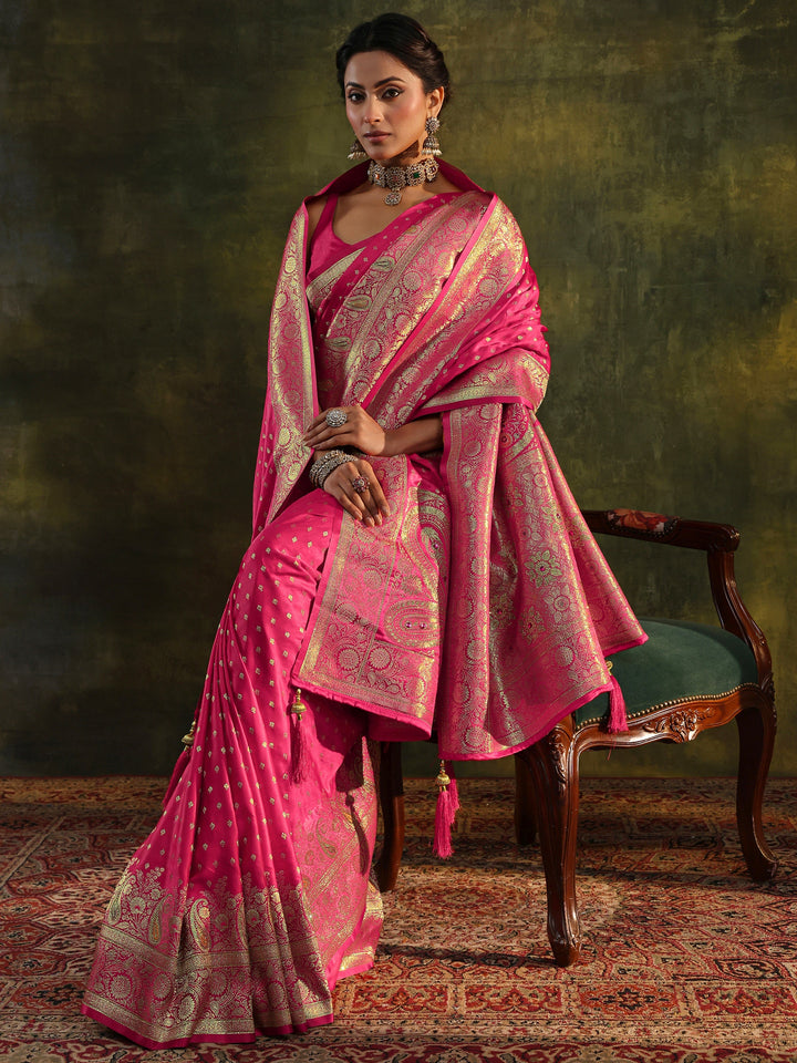 Pink Embellished Silk Saree With Unstitched Blouse And Dupatta