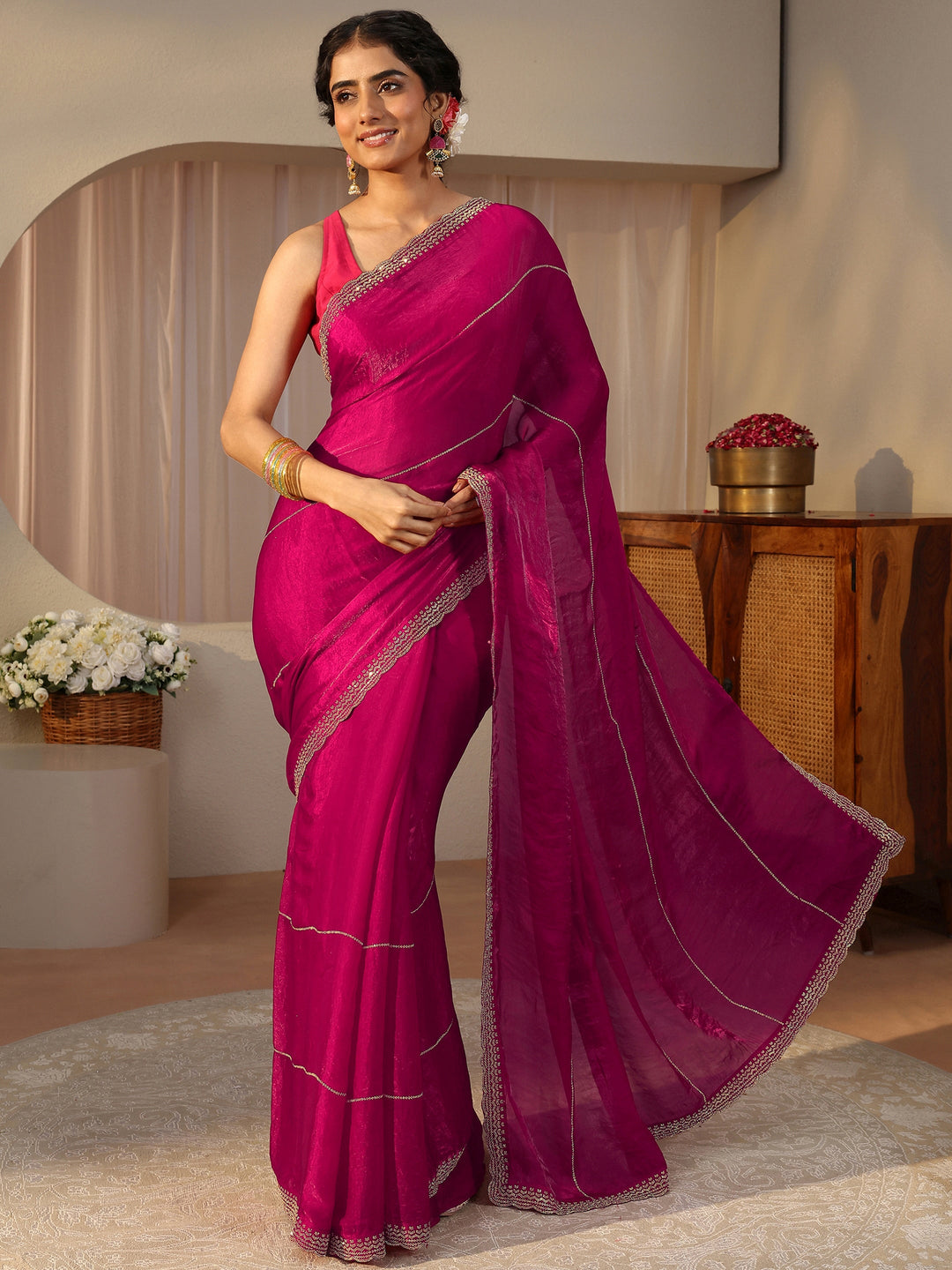 Pink Embellished Tissue Saree