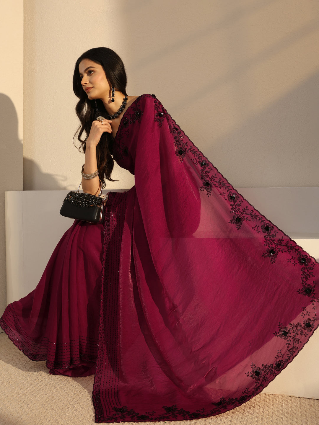 Libas Pink Embellished Tissue Saree With Unstiched Blouse Piece