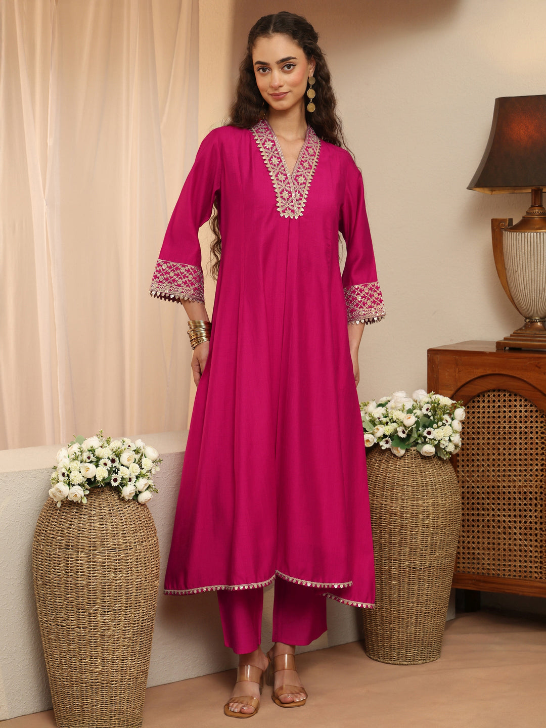 Pink Embellished Yoke Design Silk Blend A-Line Kurta Set