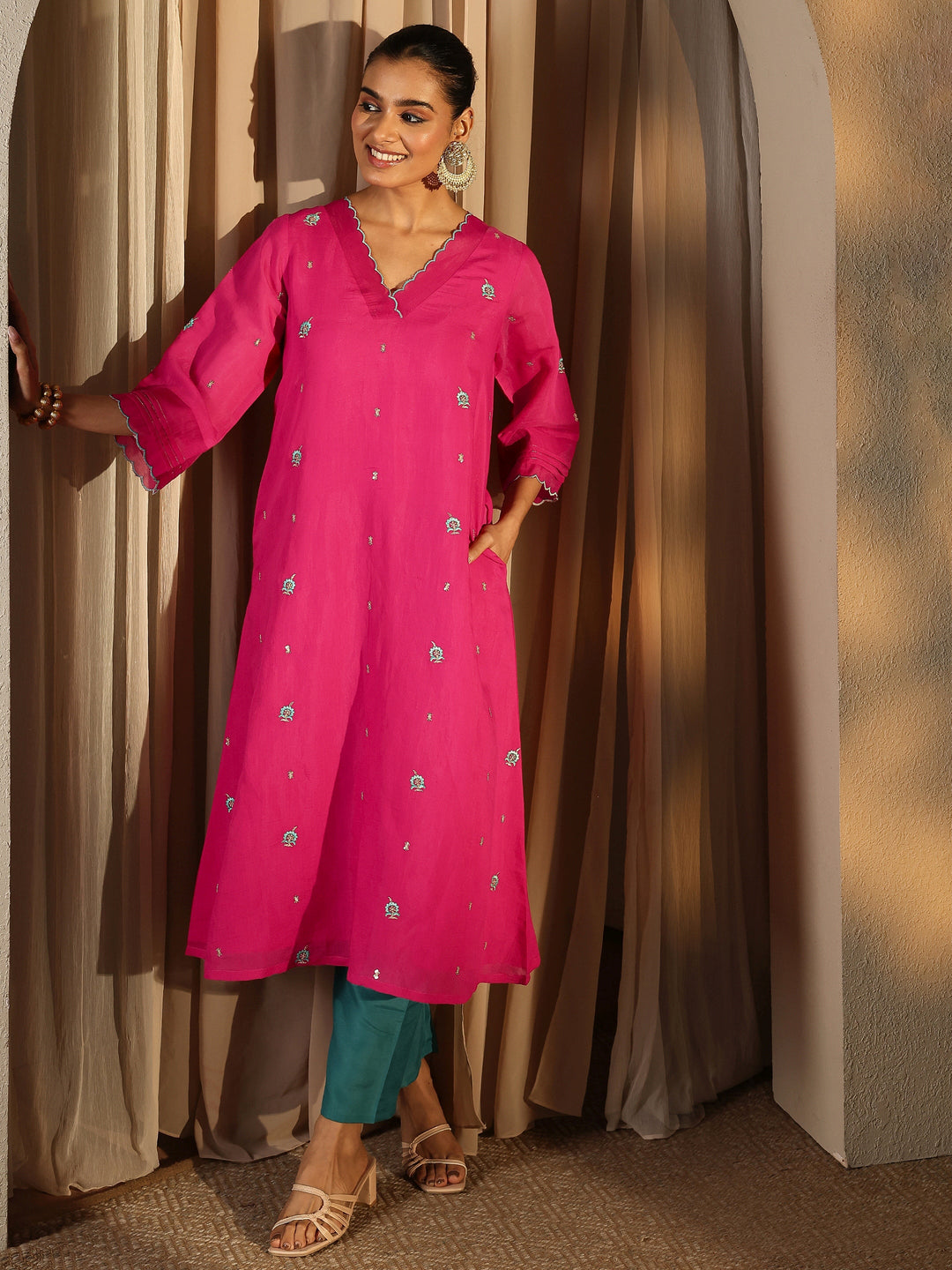 Pink Embroidered Chanderi Cotton Straight Kurta