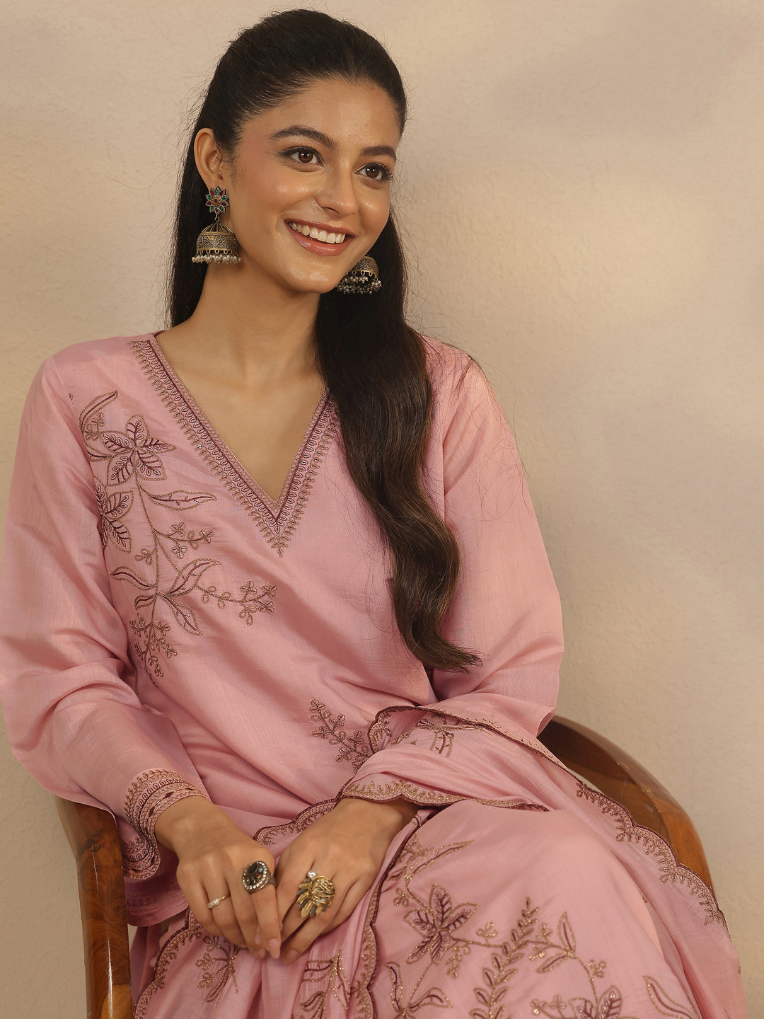 Pink Embroidered Chanderi Cotton Straight Suit Set With Dupatta