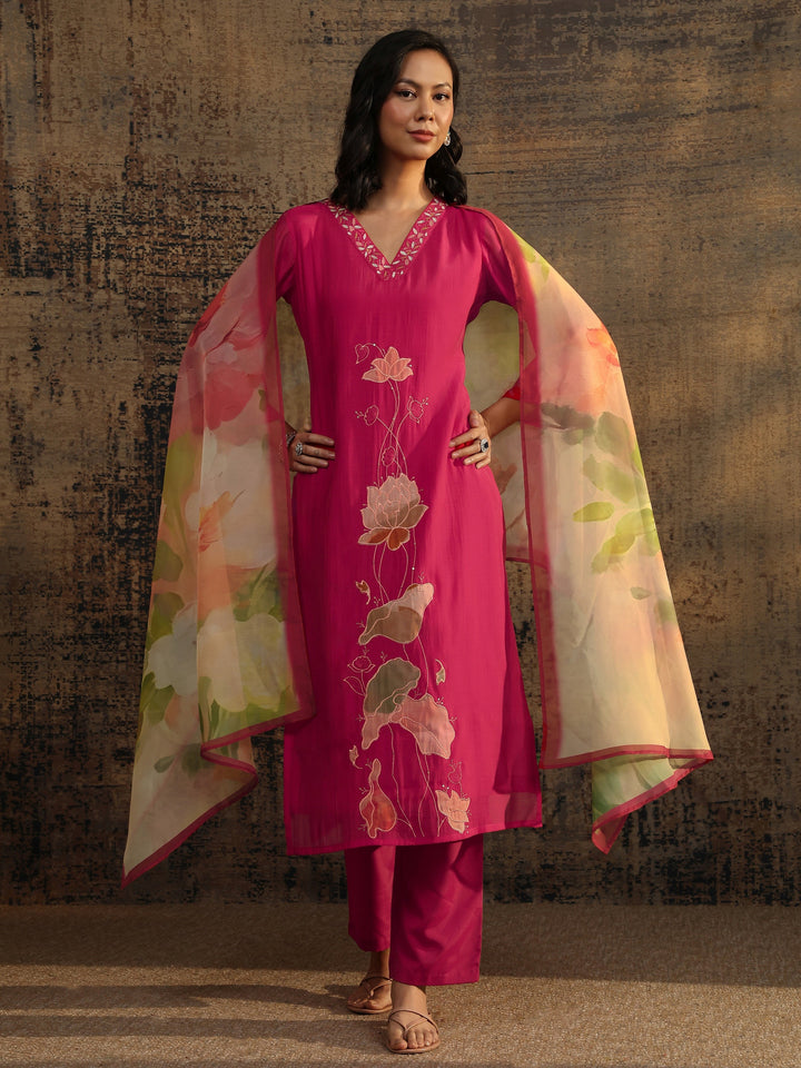 Pink Embroidered Chanderi Cotton Straight Suit Set With Dupatta