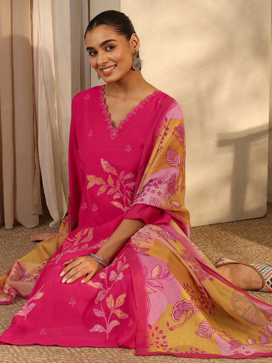 Pink Embroidered Chanderi Cotton Straight Suit Set With Dupatta