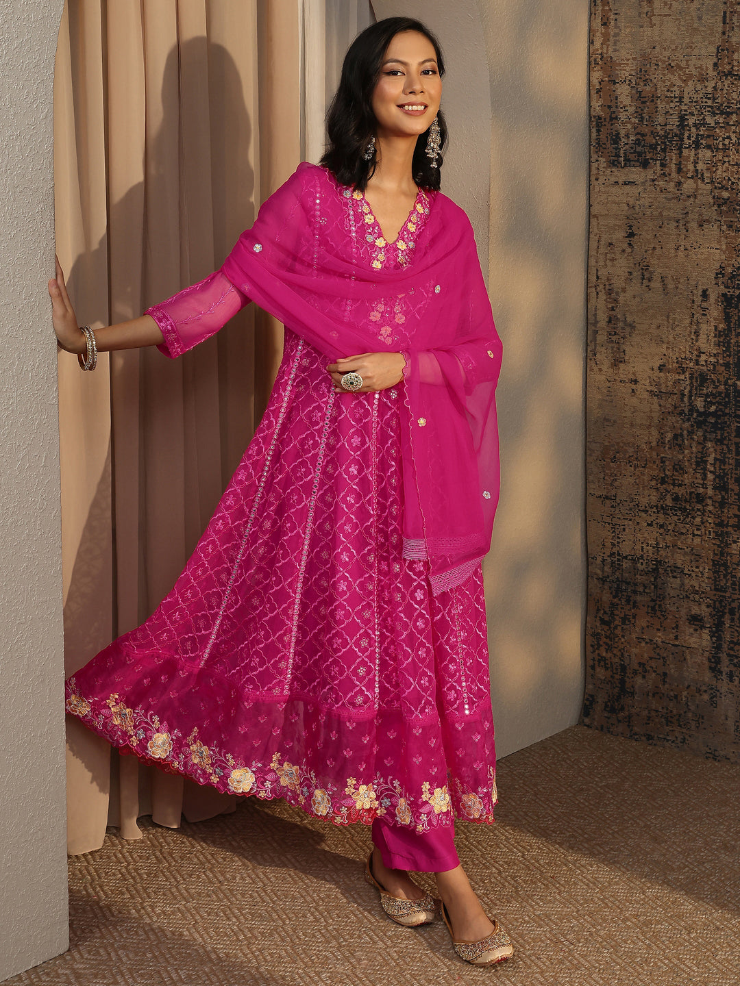 Pink Embroidered Chiffon Anarkali Suit Set With Dupatta