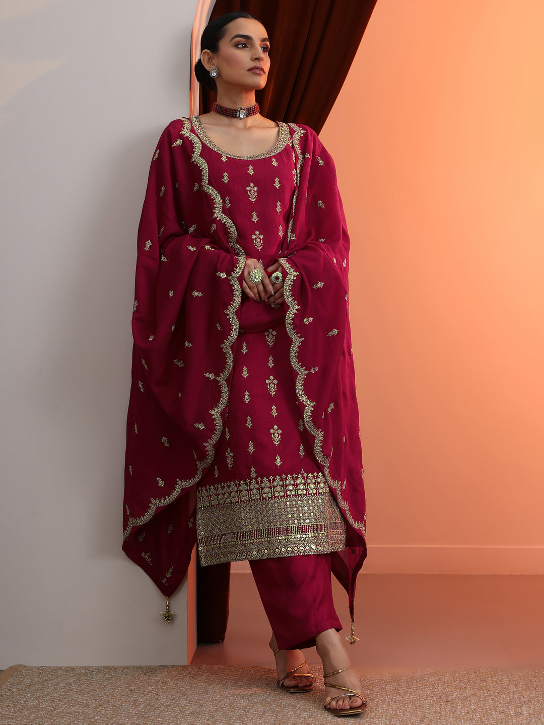 Pink Embroidered Chinon Straight Suit Set With Dupatta