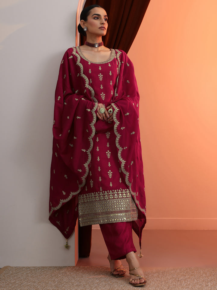 Pink Embroidered Chinon Straight Suit Set With Dupatta
