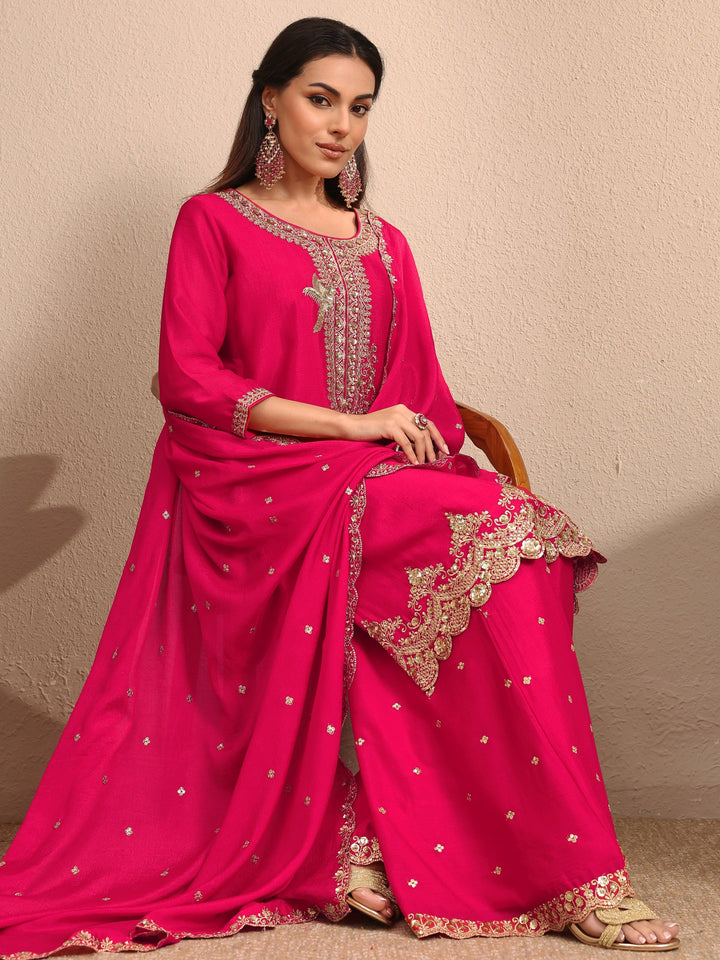 Pink Embroidered Chinon Straight Suit Set With Dupatta