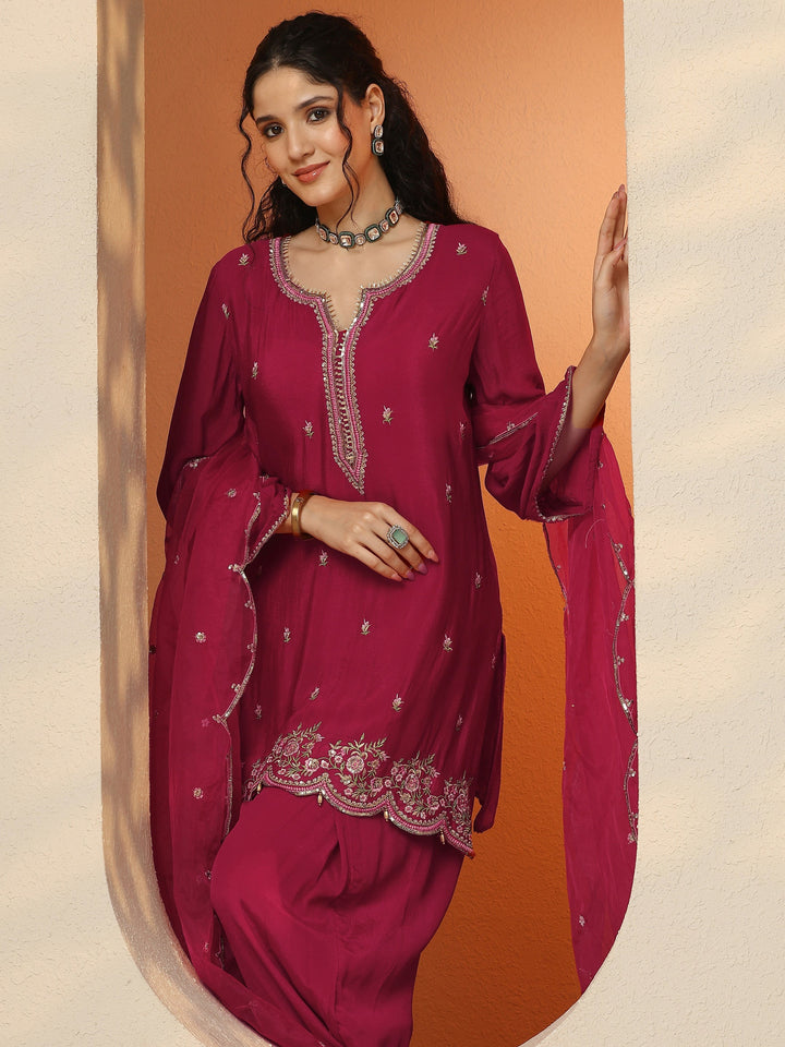 Pink Embroidered Chinon Straight Suit Set With Dupatta