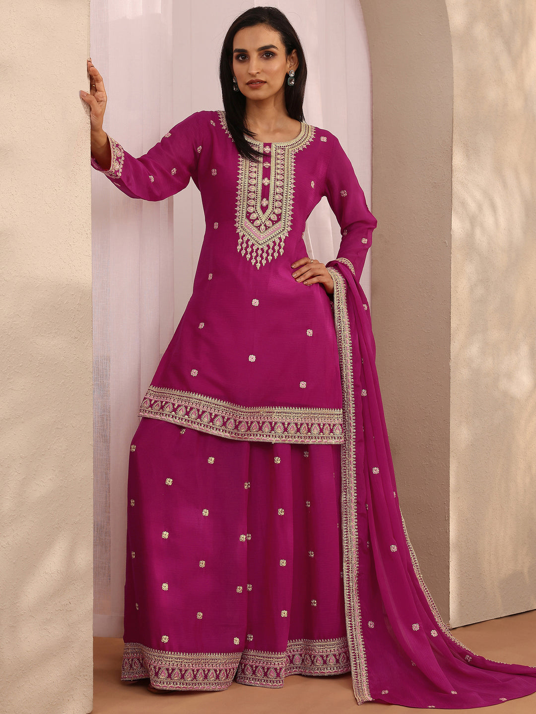 Pink Embroidered Chinon Straight Suit Set With Dupatta